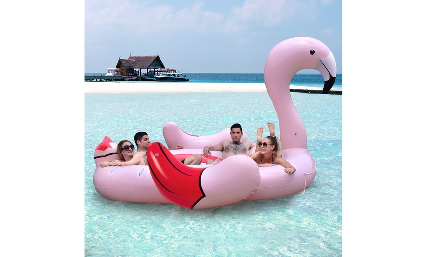 Image 8: 6-Person Inflatable Island Party Floating Flamingo with Electric Pump