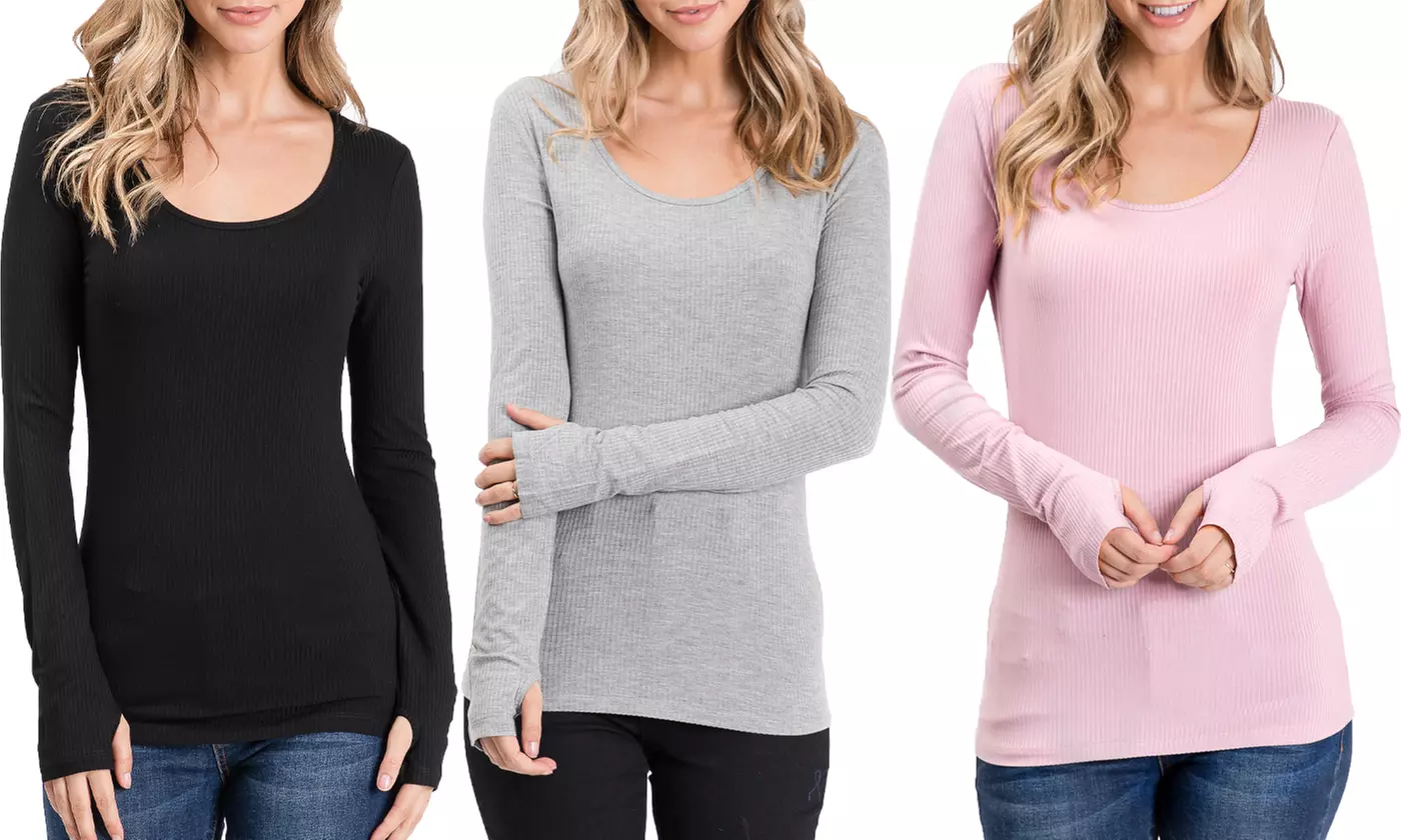 Doublju Women's Round Neck Long Sleeve Ribbed Top with Thumb Holes - Primary Image