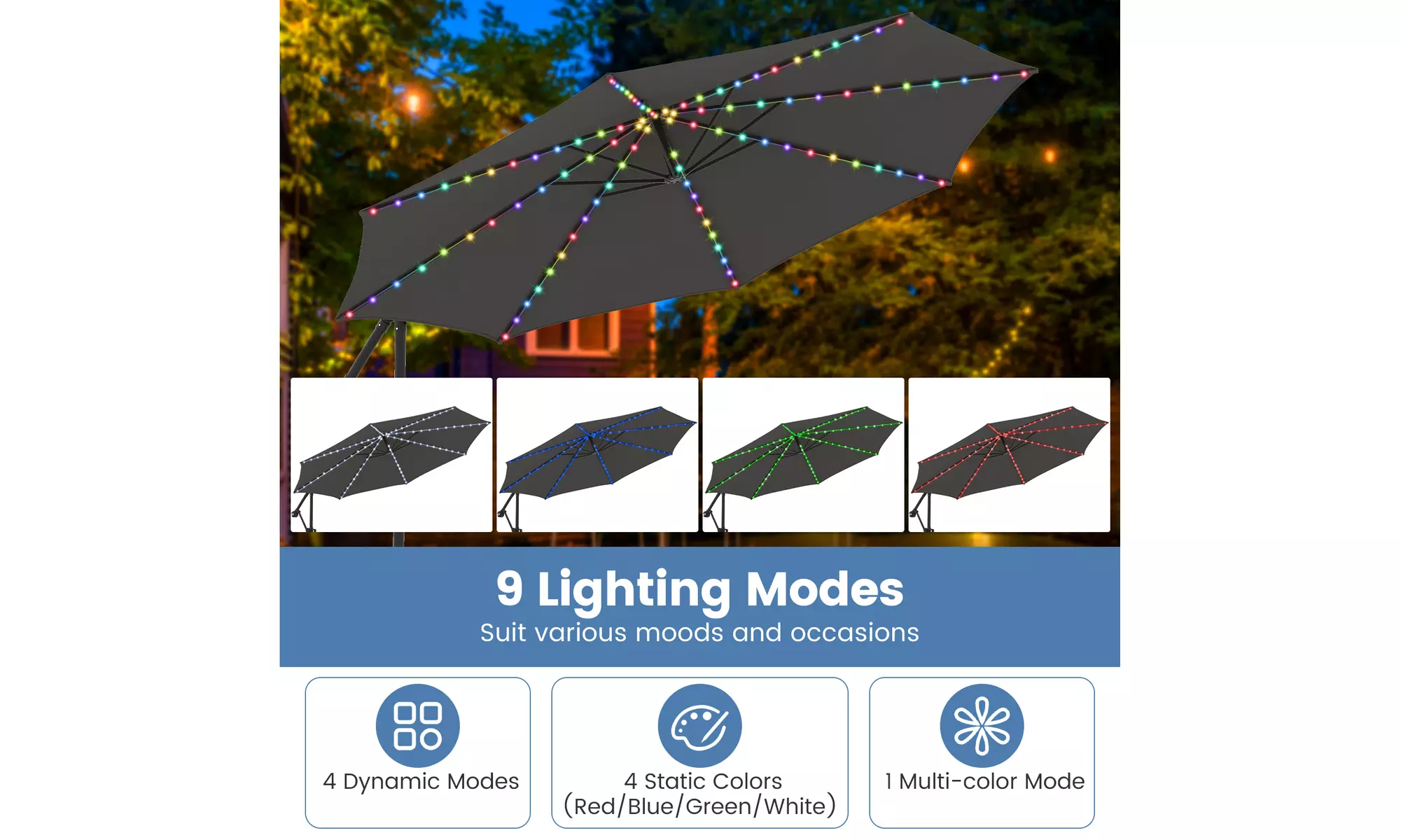 Costway 10 FT Solar Offset Hanging Umbrella with Base