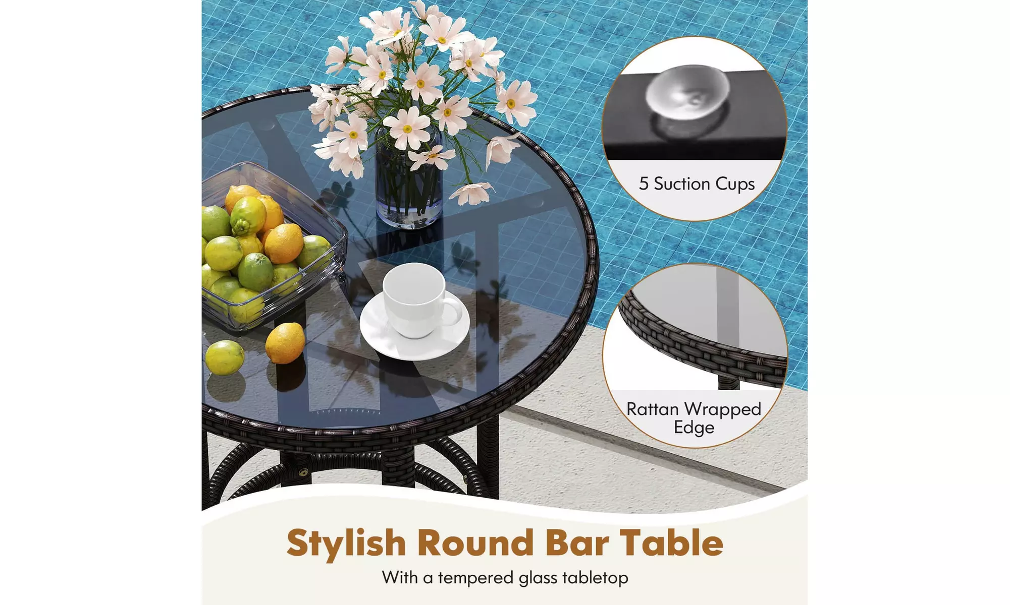 Costway 3-Piece Patio Rattan Bar Set Wicker Bar Height Armchairs and Round Table
