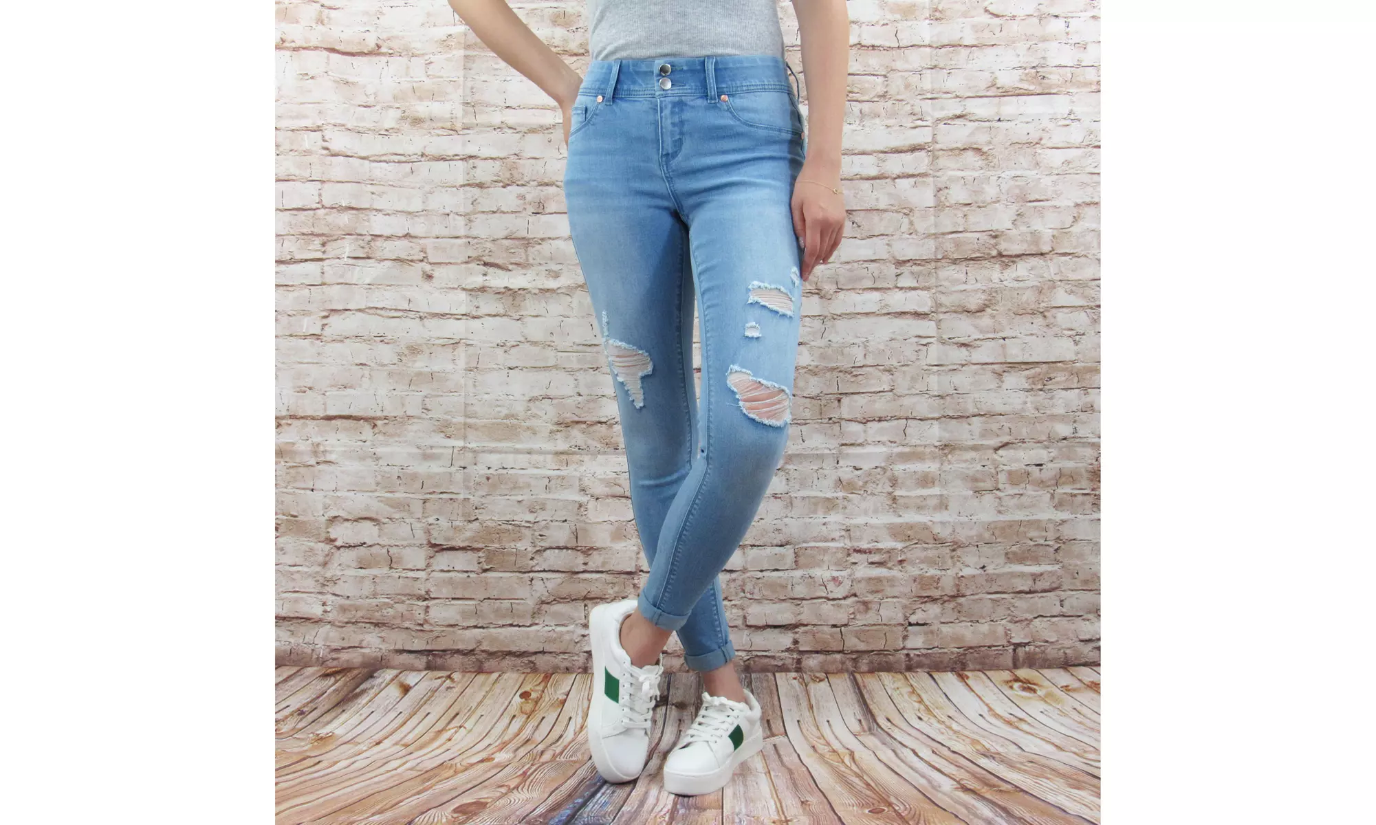 Tummy Control Light Wash Destructed Rolled Cuffed Skinny Jean - Primary Image