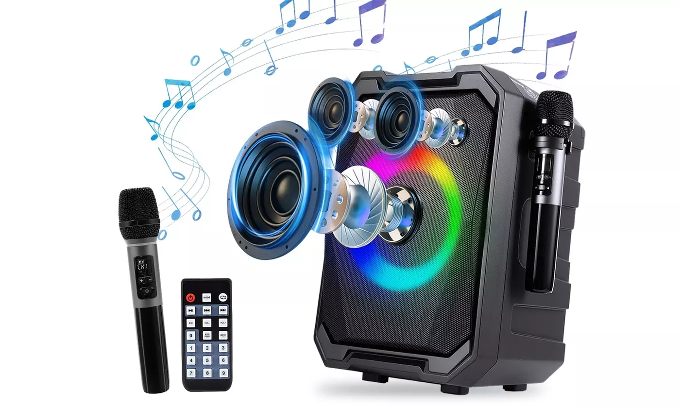 iMounTEK Portable Wireless Party Speaker with LED Light Wireless Mic Remote