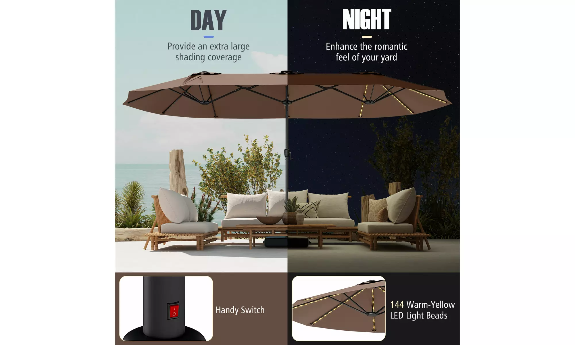 Costway 15.5 FT Extra-Large Patio Umbrella with LED Solar Lights