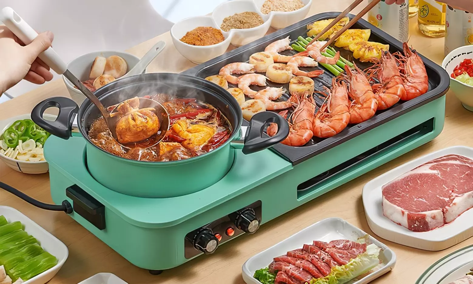 iMounTEK 3-in-1 Electric Hot Pot and Korean BBQ Grill Non-Stick Shabu Cooker