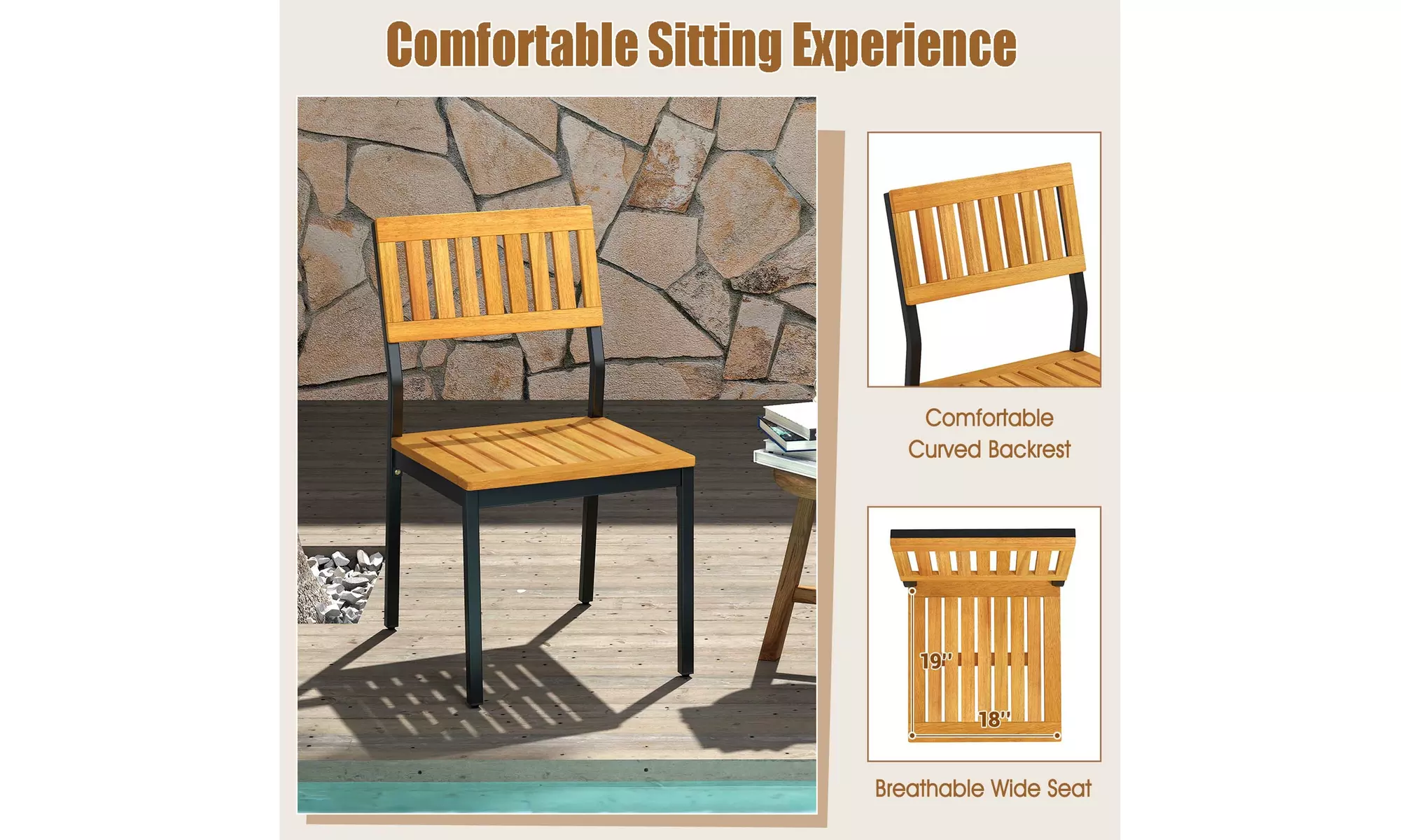 Costway Dining Chair Set of Two Modern Patio Chairs or Acacia Wood Backrest