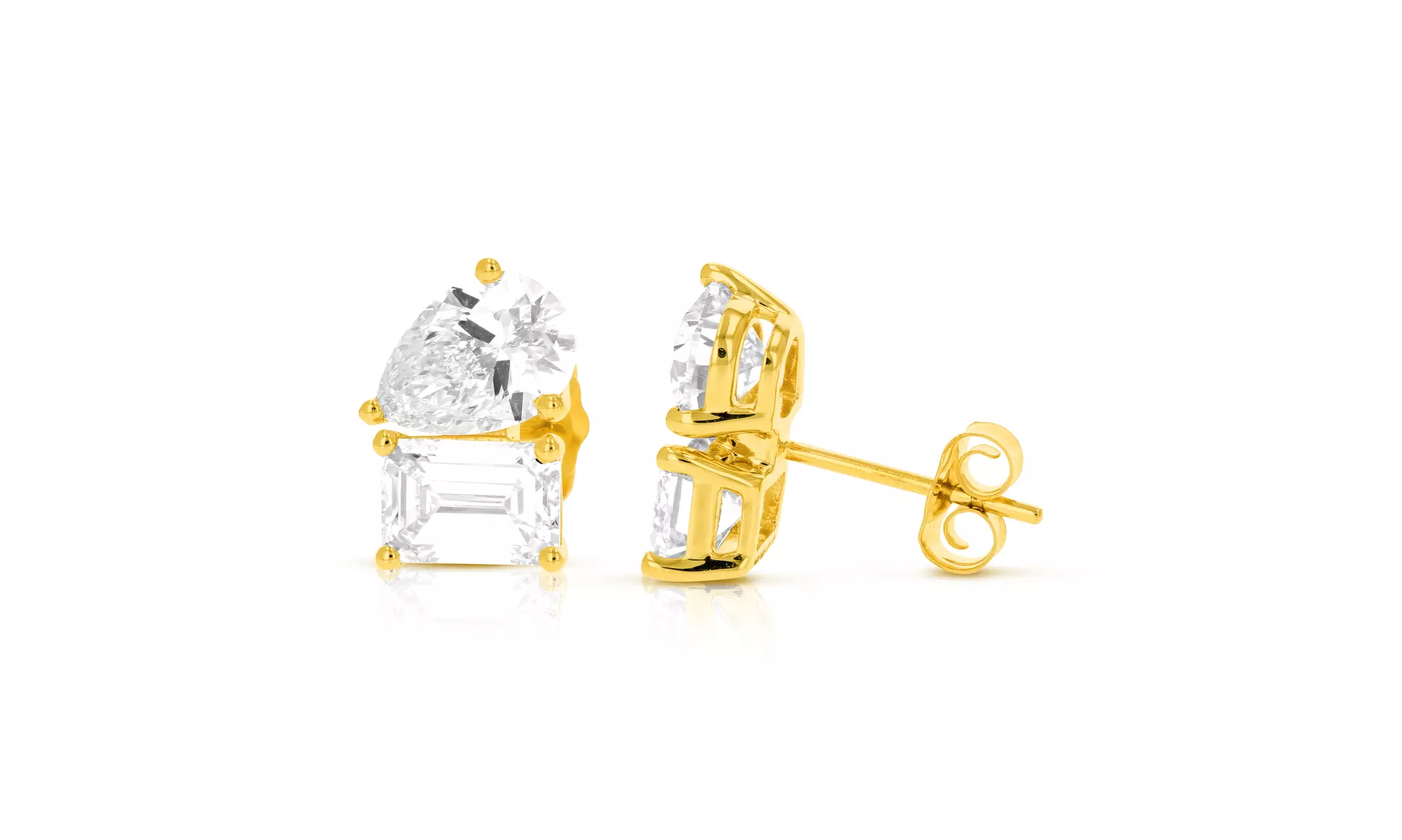 Lab Grown Diamond Stud Earrings Emerald and Pear Shape 14K Gold with Push Backs