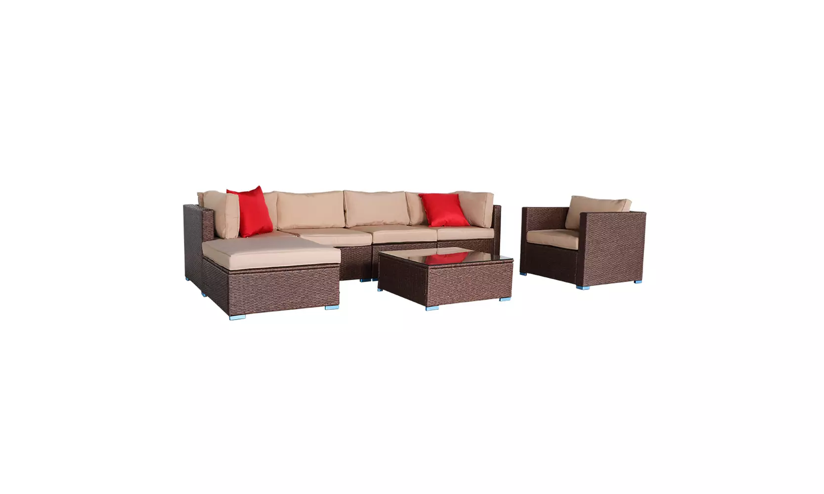7 Pieces Outdoor Garden Wood Grain Patio PE Wicker Rattan Corner Sofa Set - Second Medium