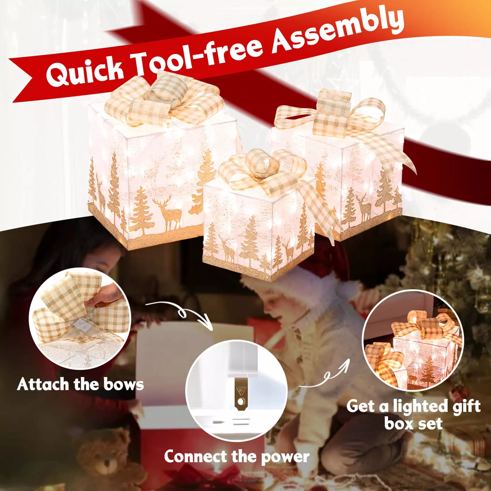 Costway 3 Sets Iridescent Christmas Gift Box LED Lighted Present Box Decor Yard