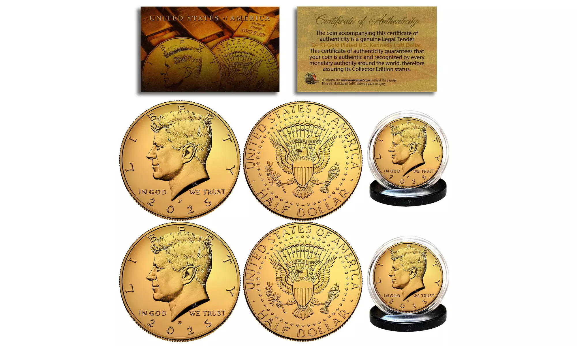 2025 - 24K GOLD Plated JFK Kennedy Half Dollars 2-Coin Set - P&D MINT - Primary Image
