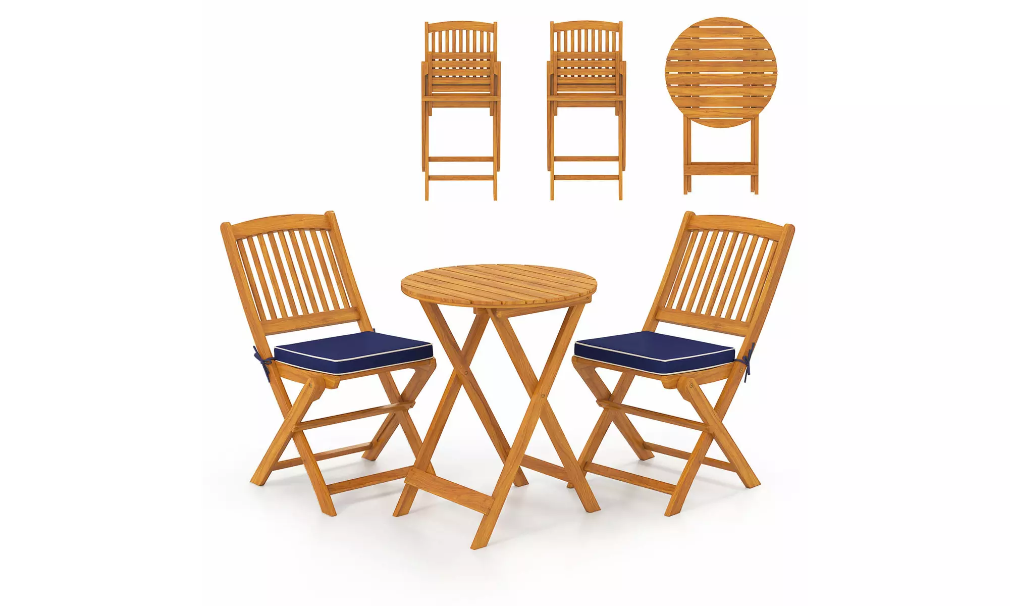Costway Outdoor Folding Chairs Acacia Wood High-Back Chair with Seat Cushions