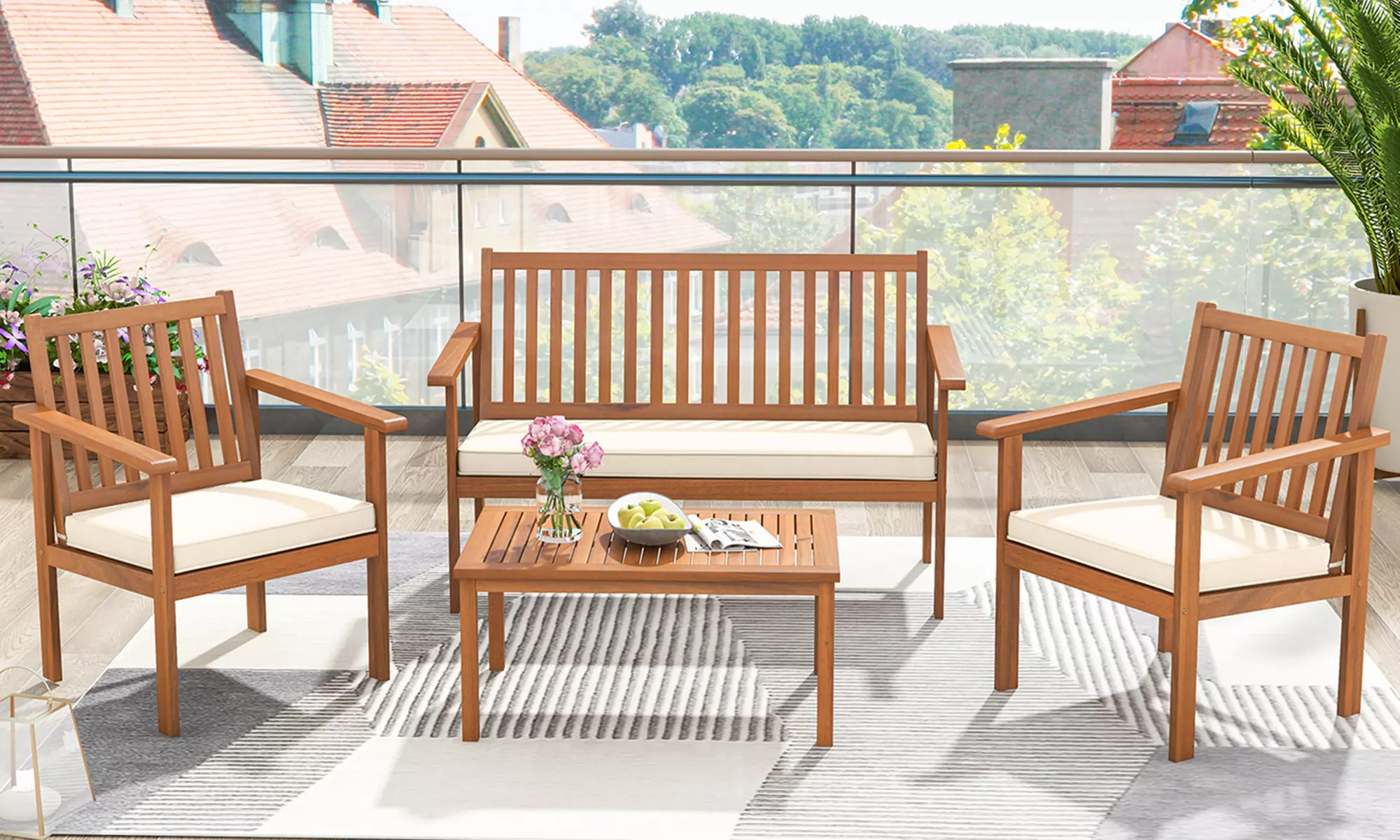 Costway 4 PCS Patio Wood Furniture Set with Loveseat, 2 Chairs & Coffee Table - Primary Image