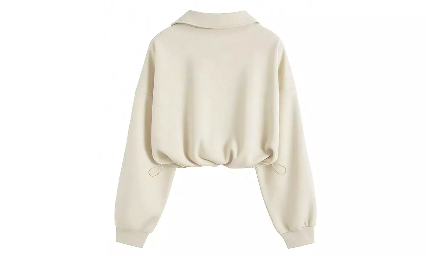 Women's Half Zip Lapel Sweatshirt Long Sleeve Crop Pullover Top Drawstring Hem