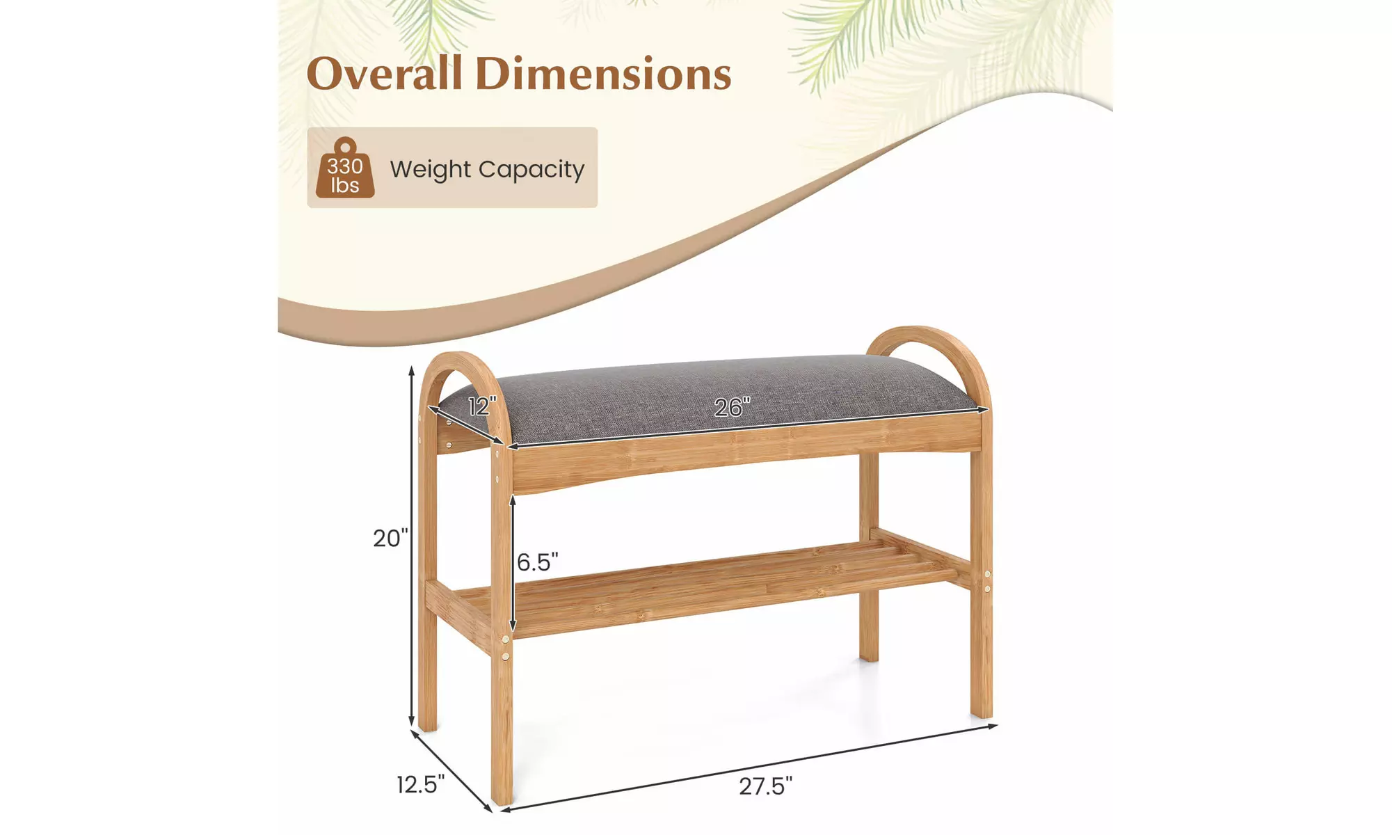 Costway Bamboo Entryway Shoe Bench 2-Tier Shoe Rack with Padded Seat Cushion