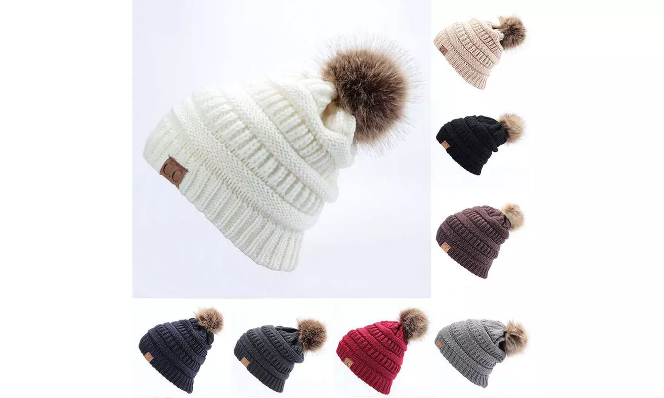 Women Hats Winter Letter Fur CC Pompom Hat Knitted Beanies Warm Female Hat - Primary Image