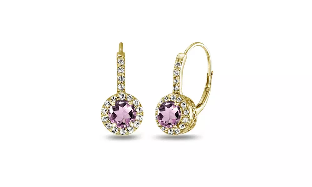 Yellow Gold Flash Silver Simulated Alexandrite & White Topaz Leverback Earrings