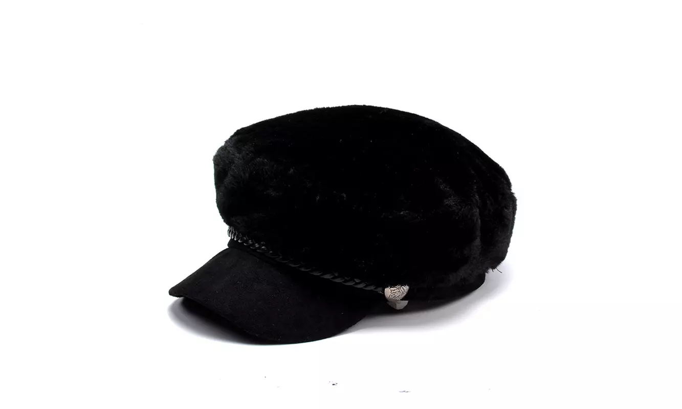  Women Winter Warm Plush Octagonal Berets Cap Fashion Leather Rope Visor Hats - Second Medium