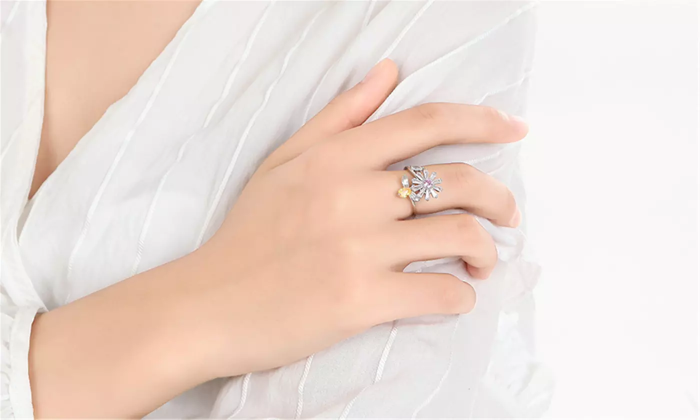 Cubic Zirconia Flower and Bee Band Rings Anti-Anxiety Adjustable Ring