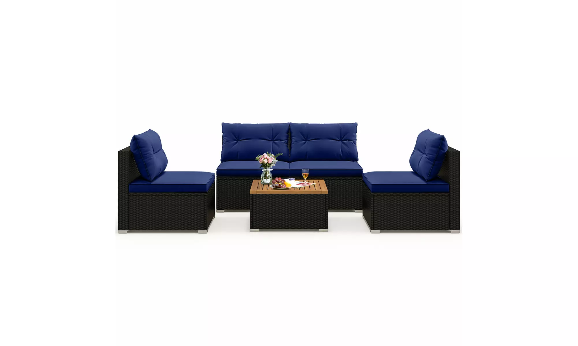 5 Piece Patio Rattan Furniture Set Acacia Wood Table Top Sofa Cushion Deck