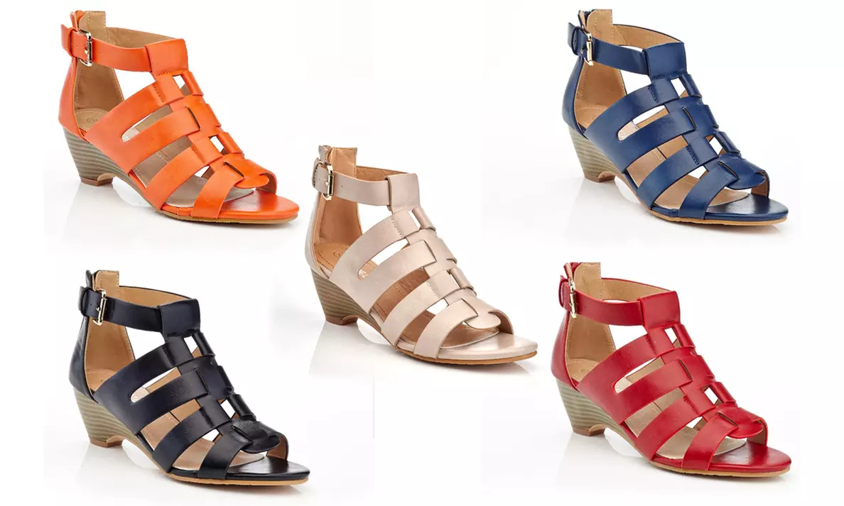 Women's casual dress wedge sandals ankle strap comfort- back zipper acces - Primary Image