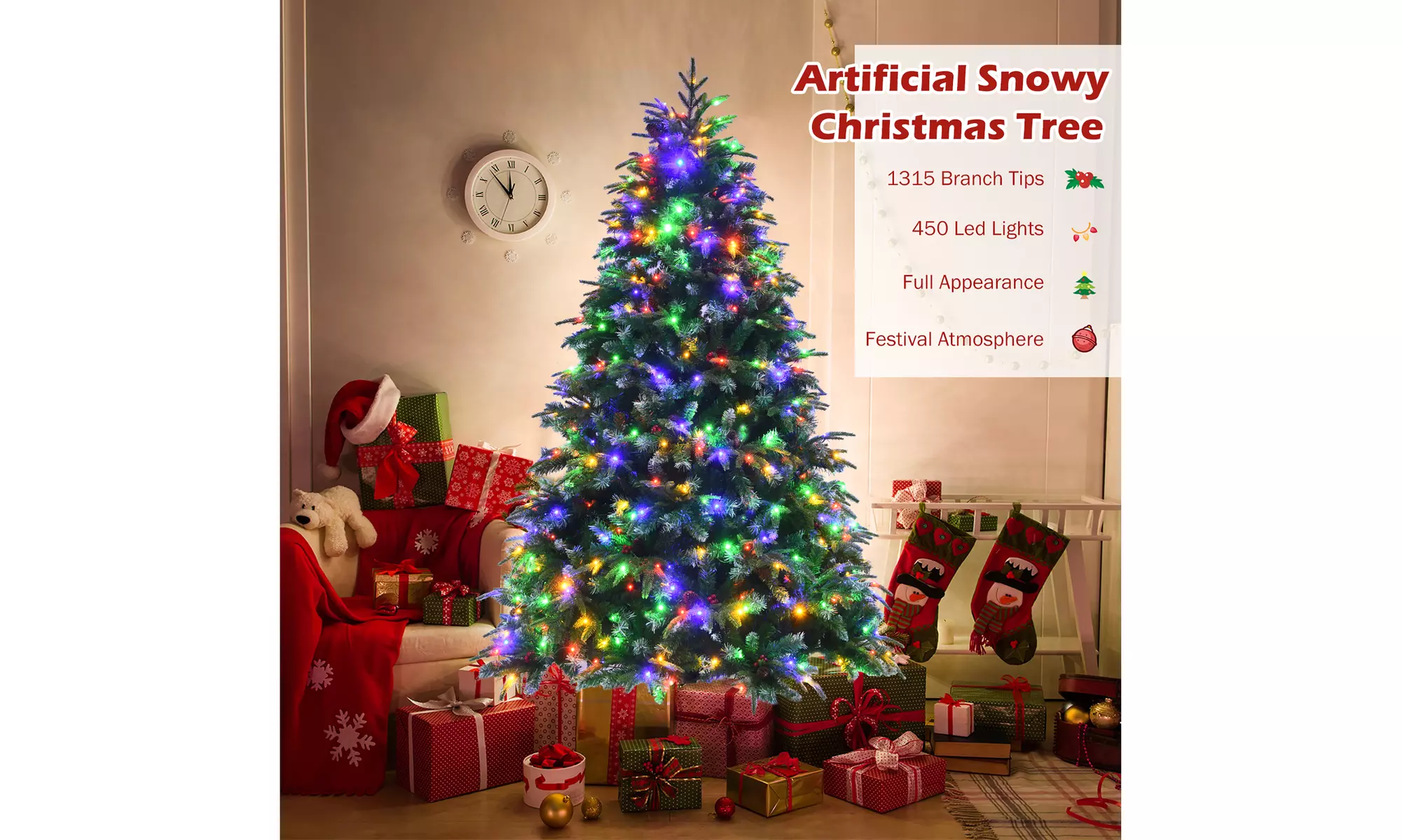 7ft Pre-Lit Snowy Christmas Hinged Tree 11 Flash Modes w/ 450 Multi-Color Lights