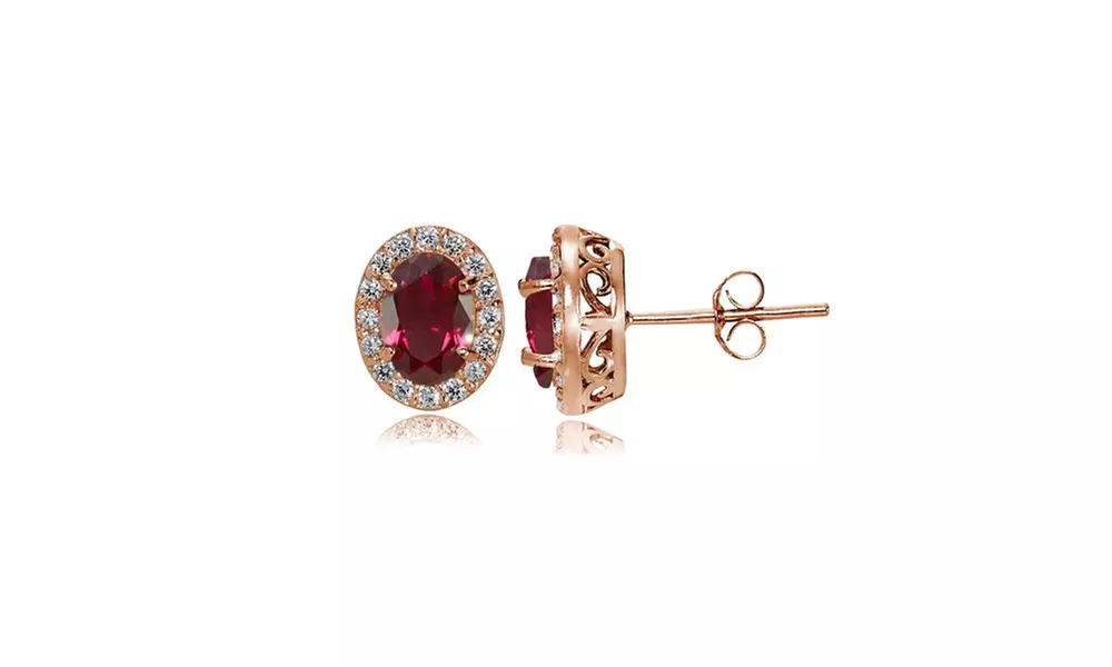 Rose Gold Flashed Sterling Silver Created Ruby and CZ Oval Halo Stud Earrings - Primary Image