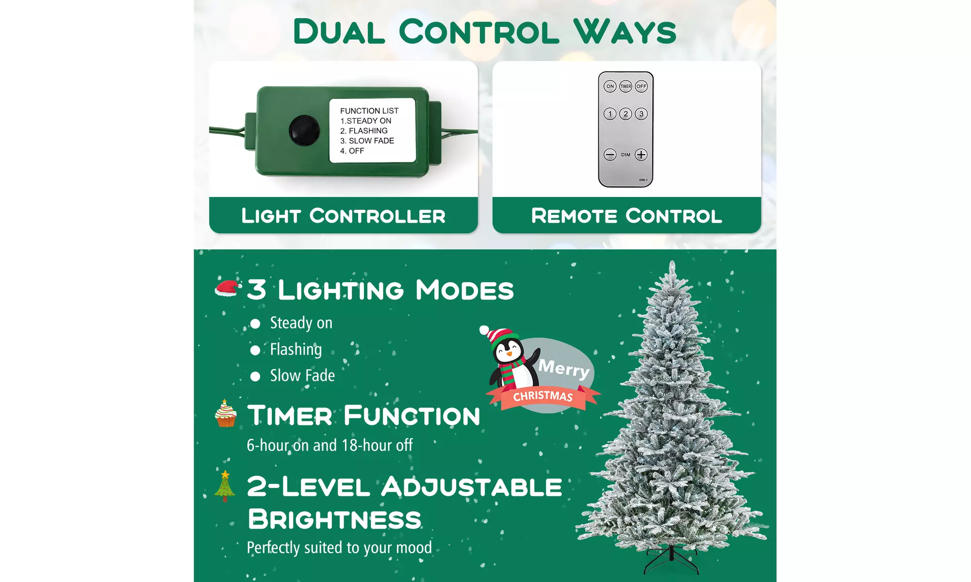 Costway Snow Flocked Artificial Christmas Tree with LED Lights and PVC/PE Tips