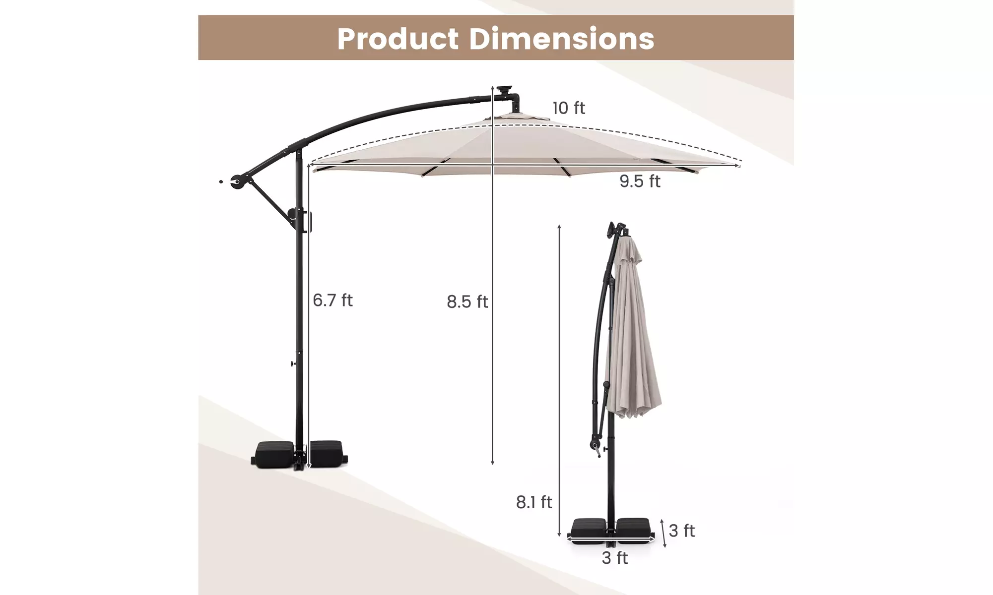 Costway 10 FT Solar Offset Hanging Umbrella with Base