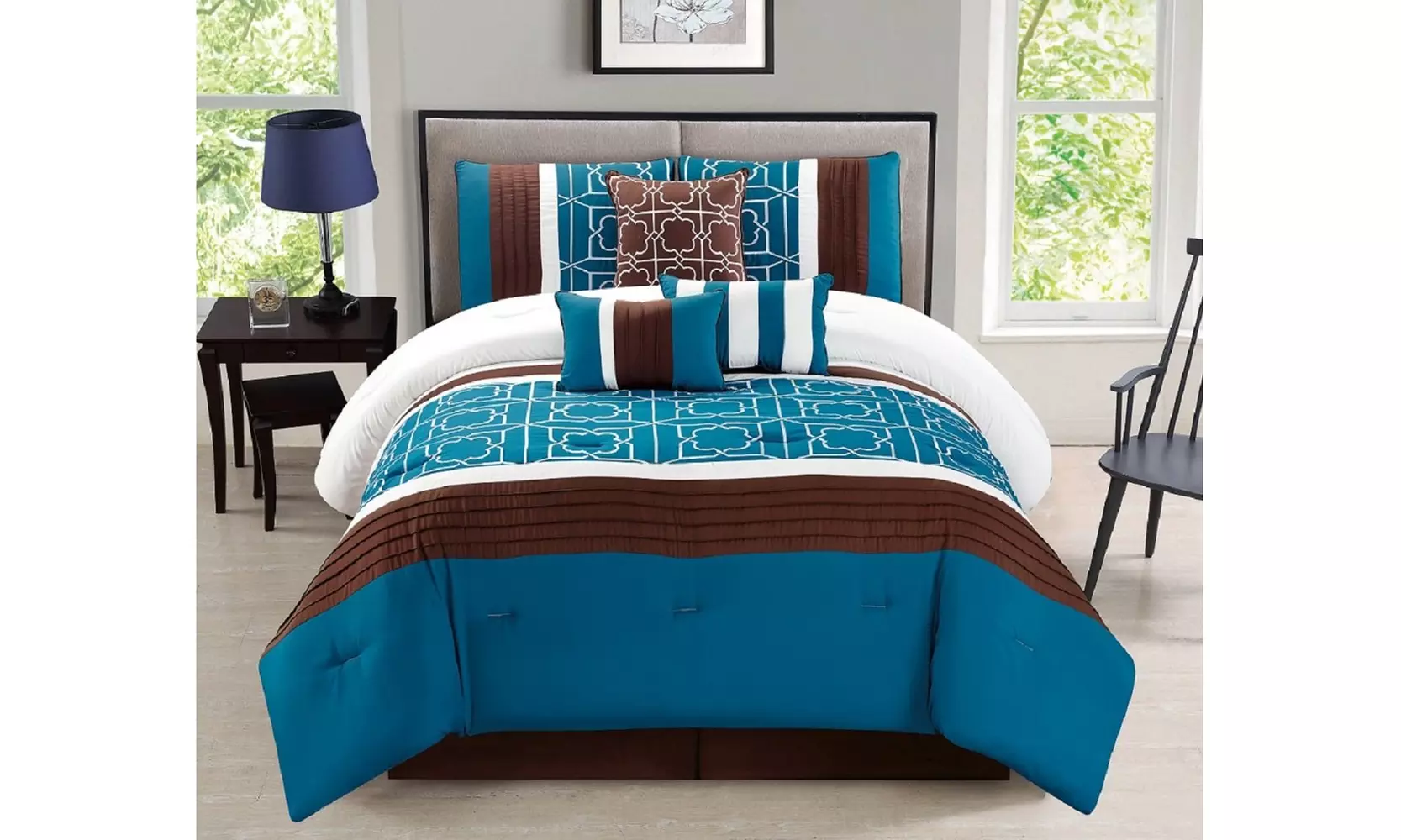 7 Pieces Brown Blue White Morocco trellis Print Luxury Comforter Set-Antonia - Primary Image