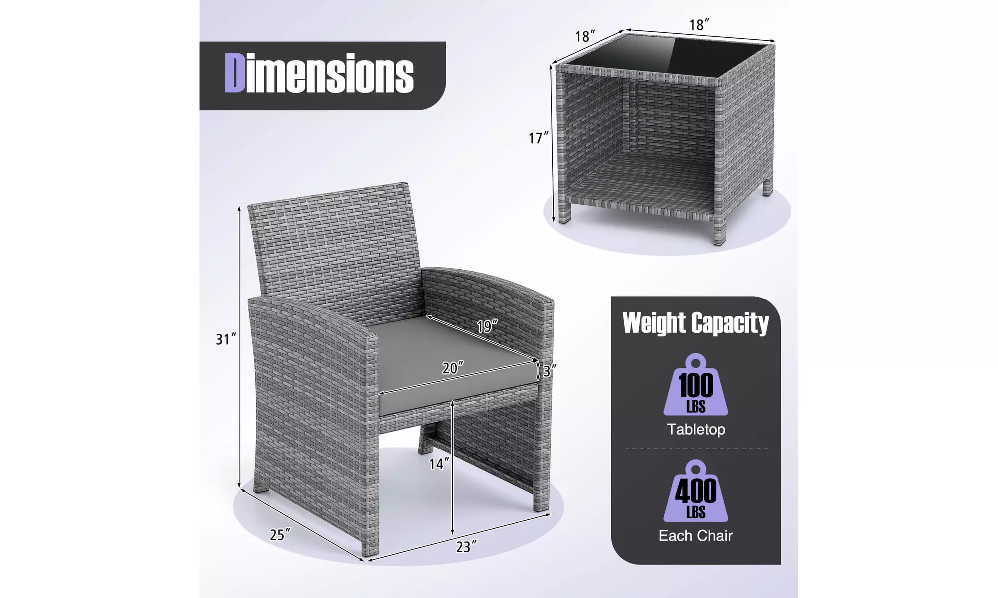 Costway 3-Piece Patio Furniture Set with Tempered Glass Coffee Table