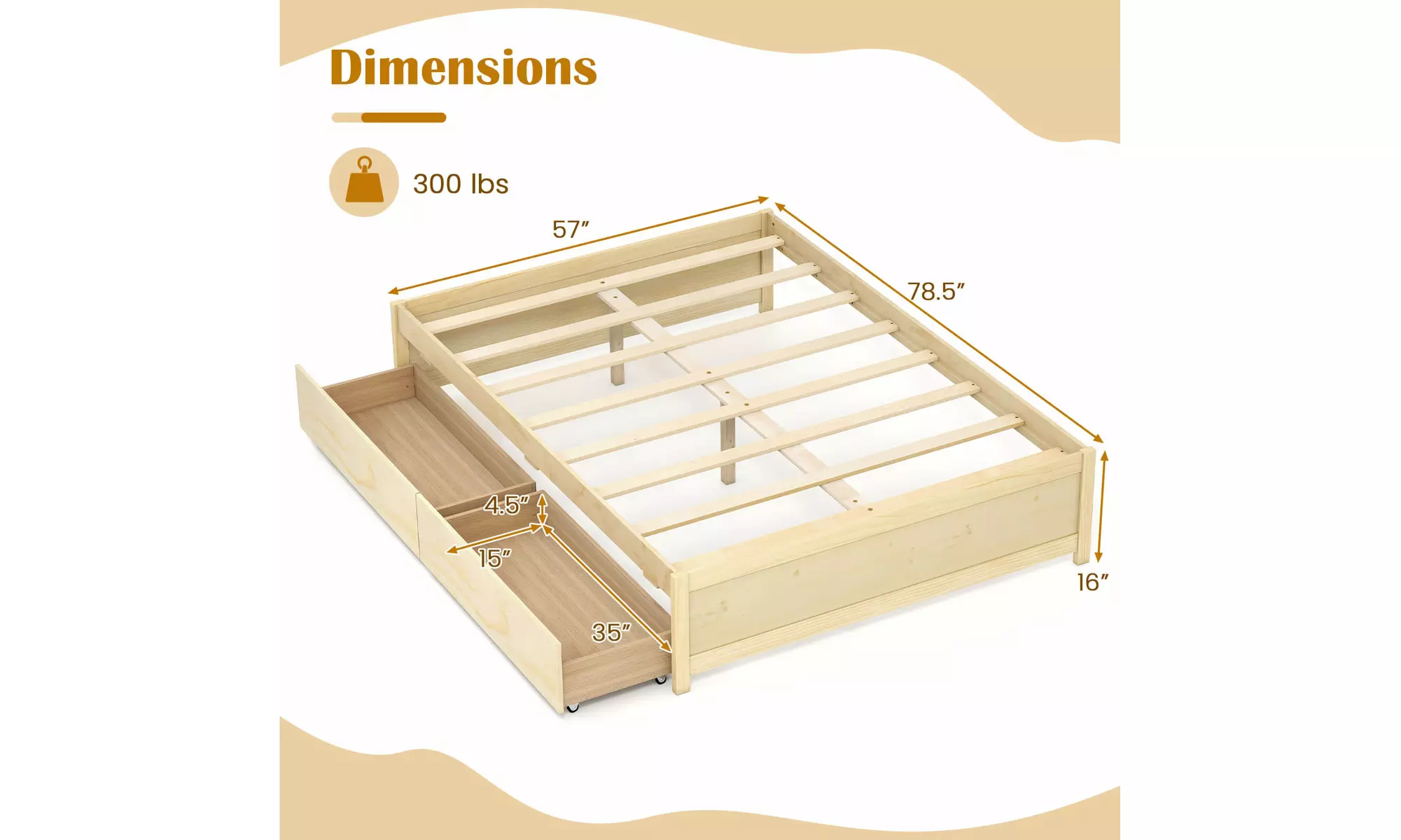 Costway Wooden Platform Bed Frame with 2 Rolling Storage Drawers
