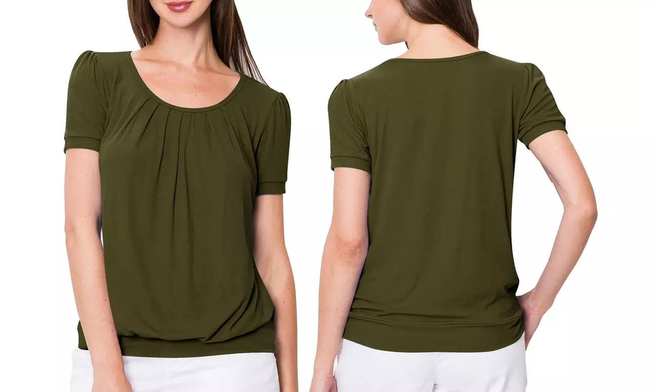 Made by Johnny Women's Scoop Neck Short Sleeve Front Pleated Blouse