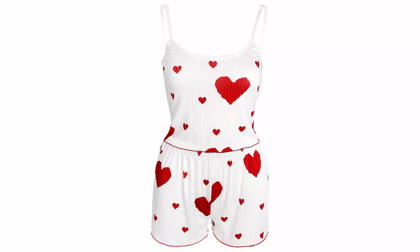 Women Cute Heart Printed Cami Top and Shorts Pajama Sets