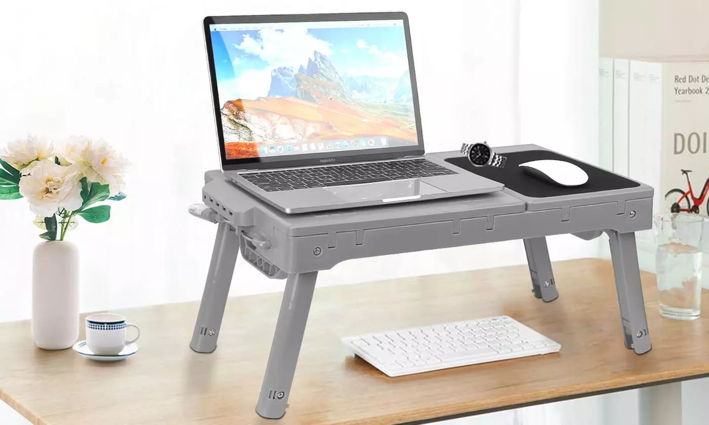 iMounTEK Adjustable Foldable Laptop Table Stand w/ Cooling Fan, Light, & USB Hub