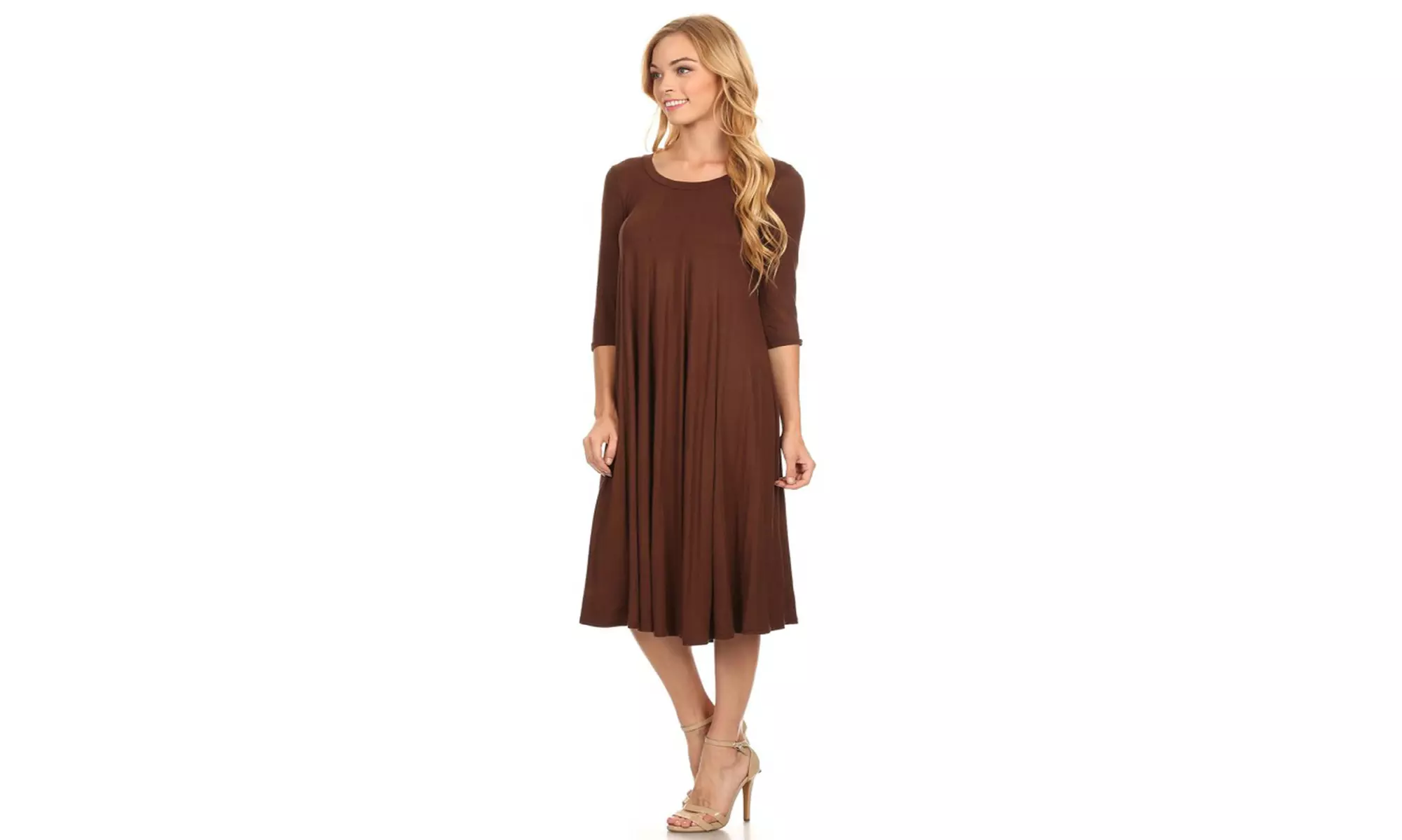 Women's Solid Casual Comfy 3/4 Sleeve Loose Fit A-line Midi Dress