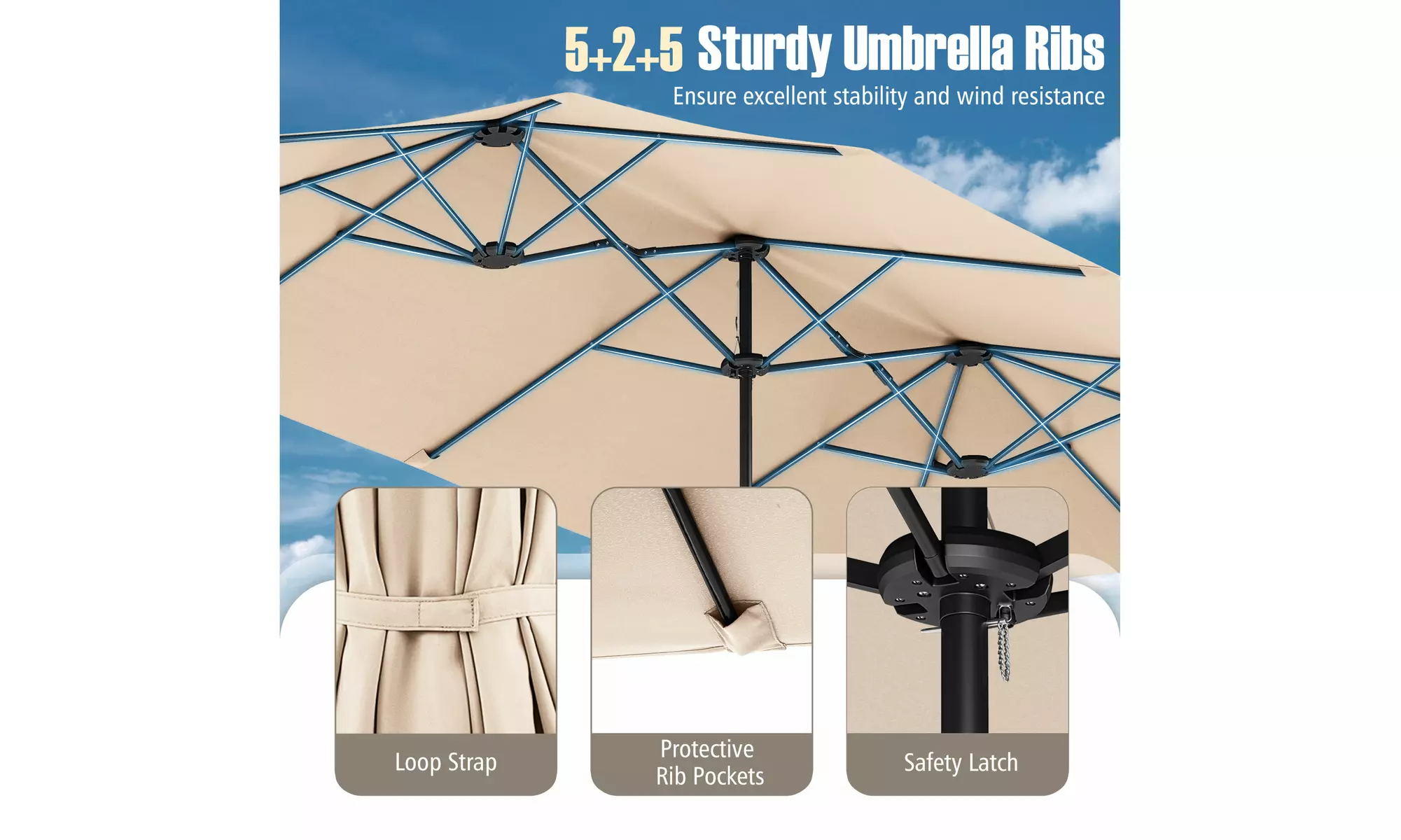 Costway 15.5 FT Extra-Large Patio Umbrella with LED Solar Lights