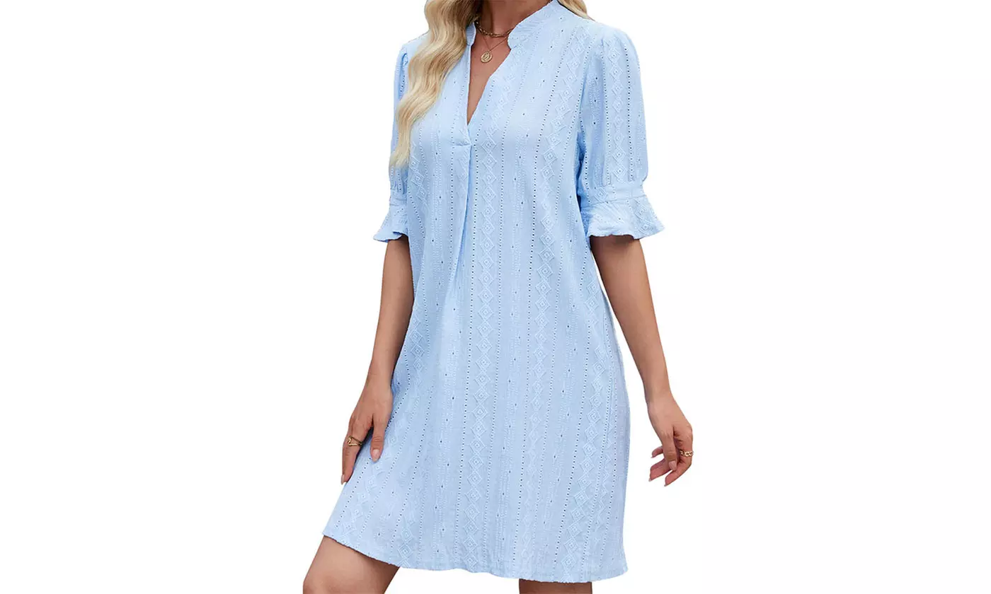 Women's V Neck Ruffled Half Sleeves Shift Dress Flowy Summer Beach Cover Up