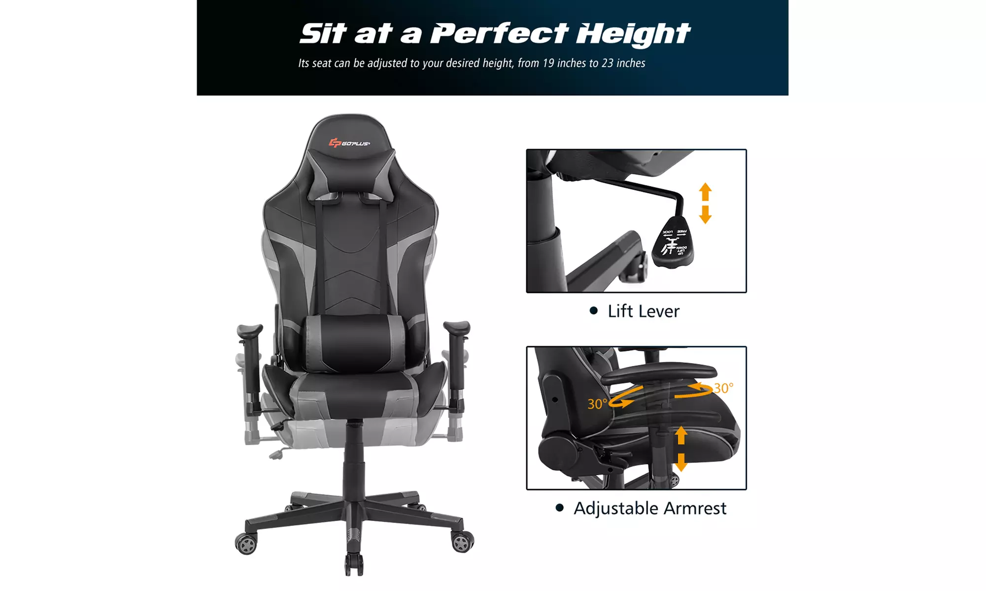 Reclining Massage Gaming Chair with Lumbar Support and Headrest
