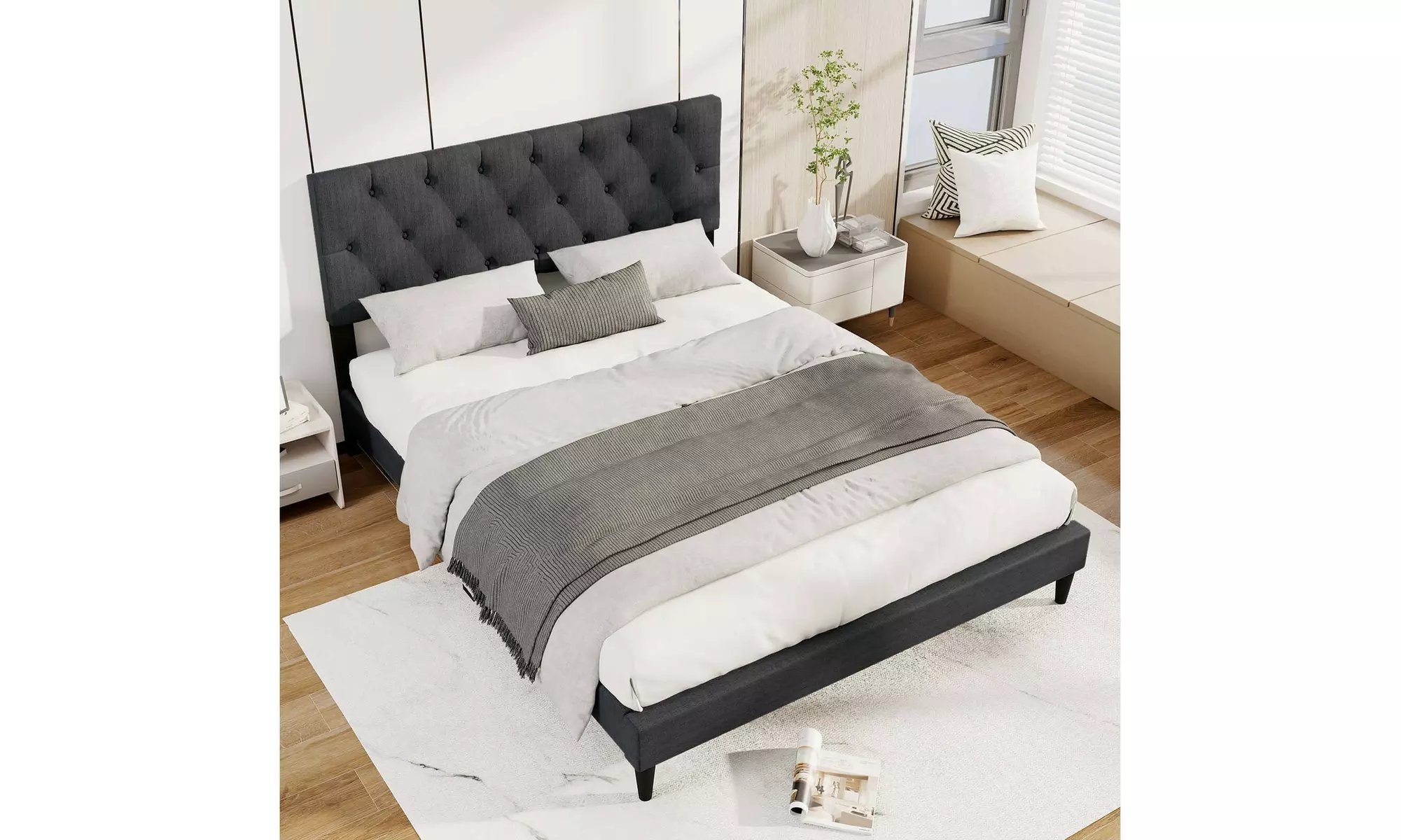 Costway Bed Frame with High Headboard and Wooden Slats