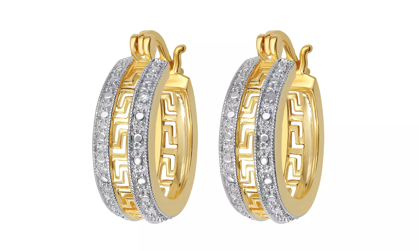 14K Gold-Plated Diamond-Accent Greek-Key Hoop Earrings by Brilliant Diamond