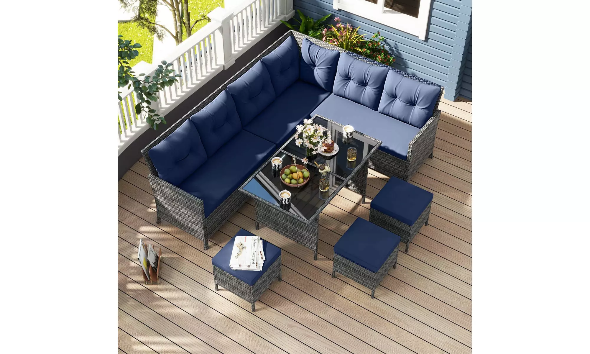 Costway 7-Piece PE Rattan Patio Dining and Sectional Sofa Set