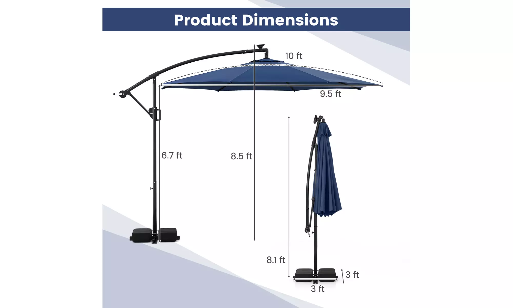 Costway 10 FT Solar Offset Hanging Umbrella with Base