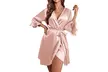 Women's Satin Kimono Robe Short Ruffle Hem Bathrobe Valentines Bridal Sleepwear - Second Medium