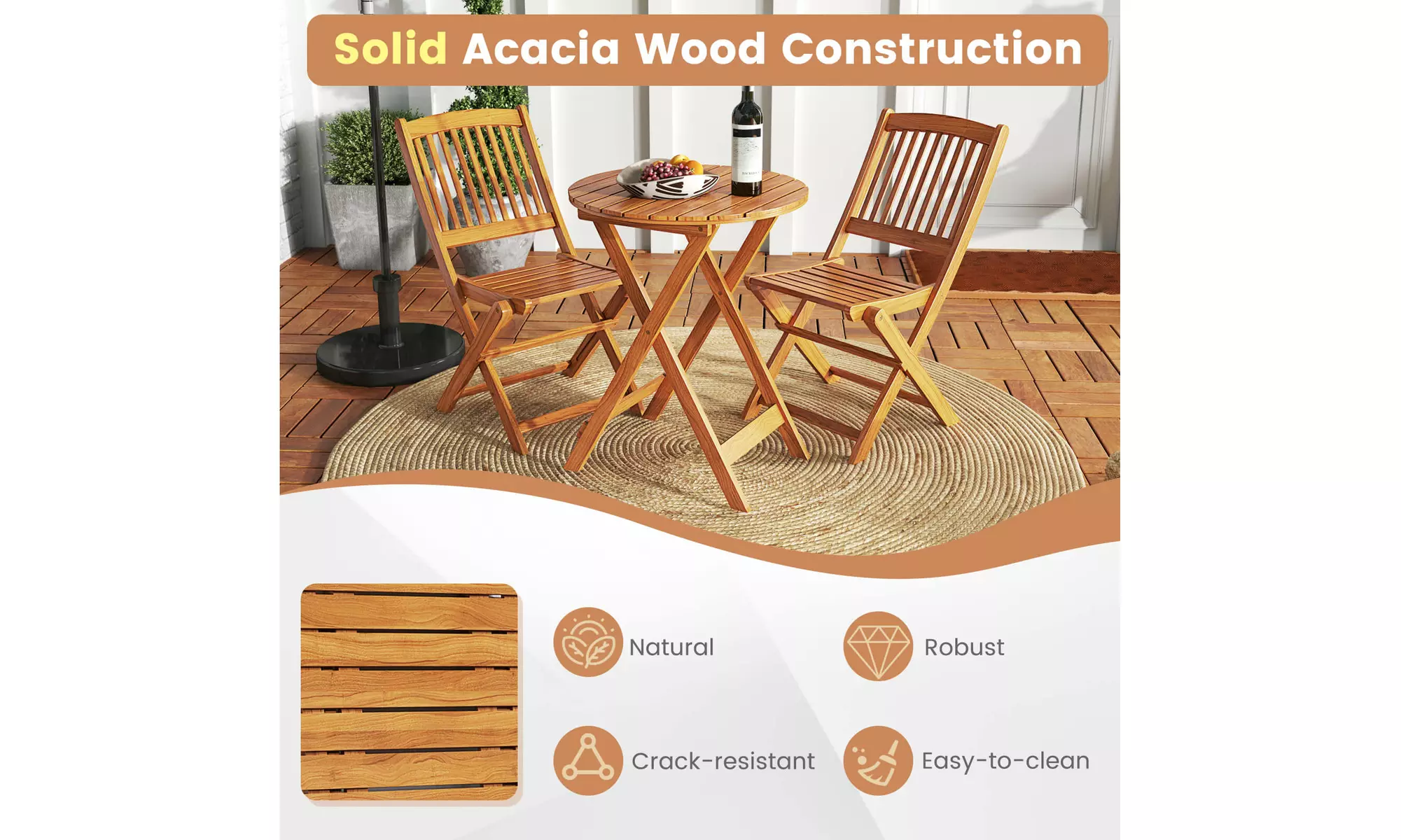 Costway Outdoor Folding Chairs Acacia Wood High-Back Chair with Seat Cushions