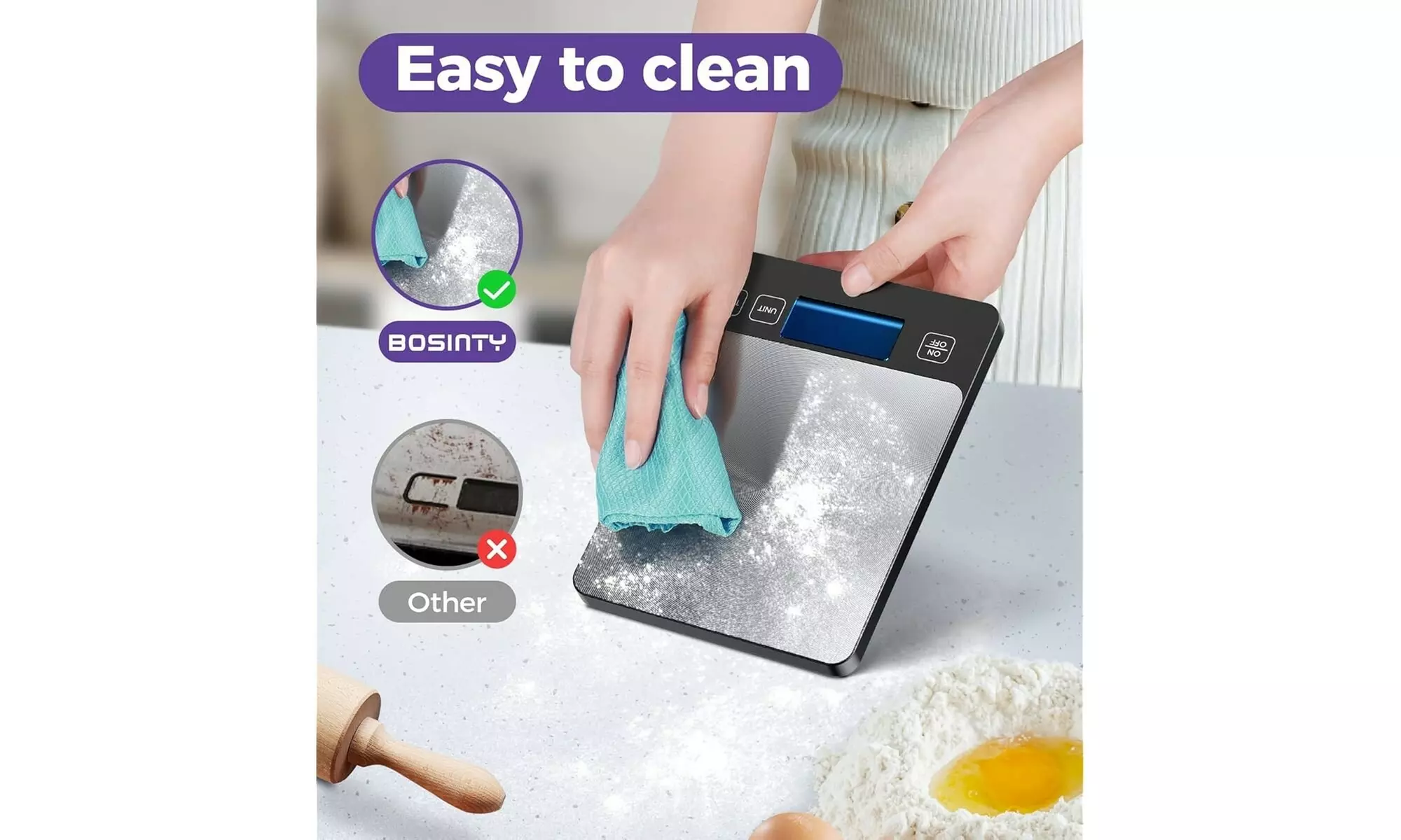 BOSINTY Digital Kitchen Scale 33lb/15kg Rechargeable USB Stainless