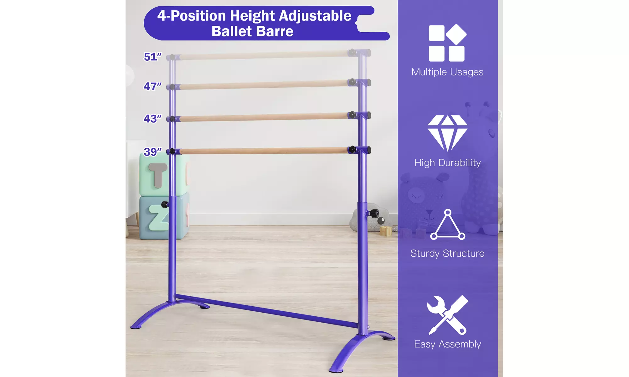 Costway 51'' Portable Freestanding Stretching Dancing Ballet Bar 4 Heights