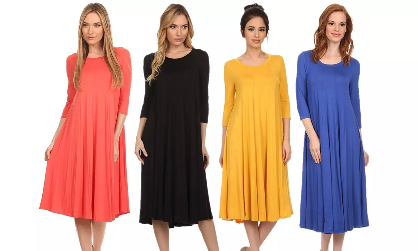 Women's Solid Casual 3/4 Sleeve Loose Fit A-line Midi Dress Made in USA - Primary Image
