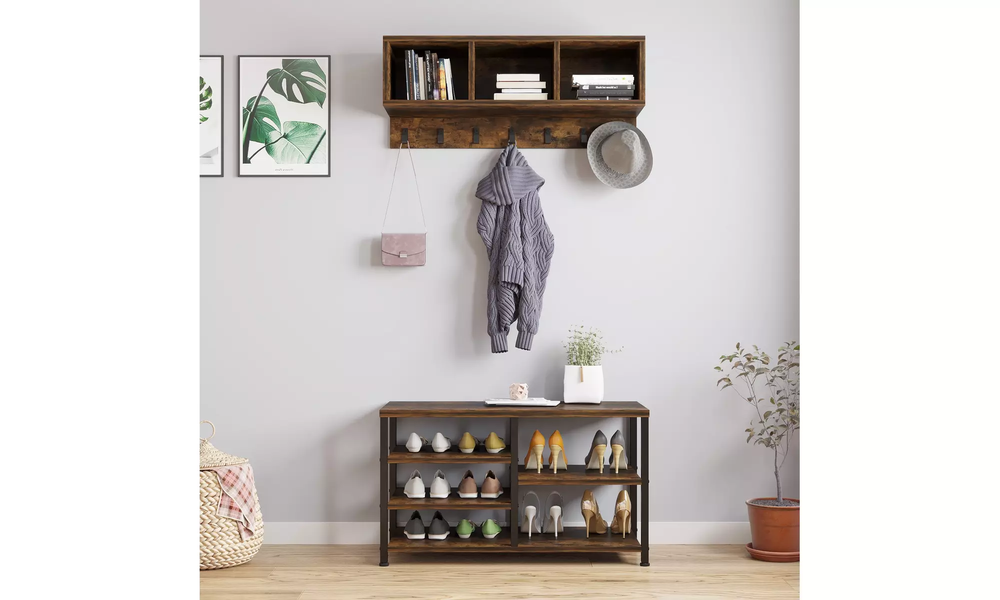Coat Rack Shoe Bench Set 3 Cubbies 7 Hooks for Entryway, Hallway, Living Room - Primary Image