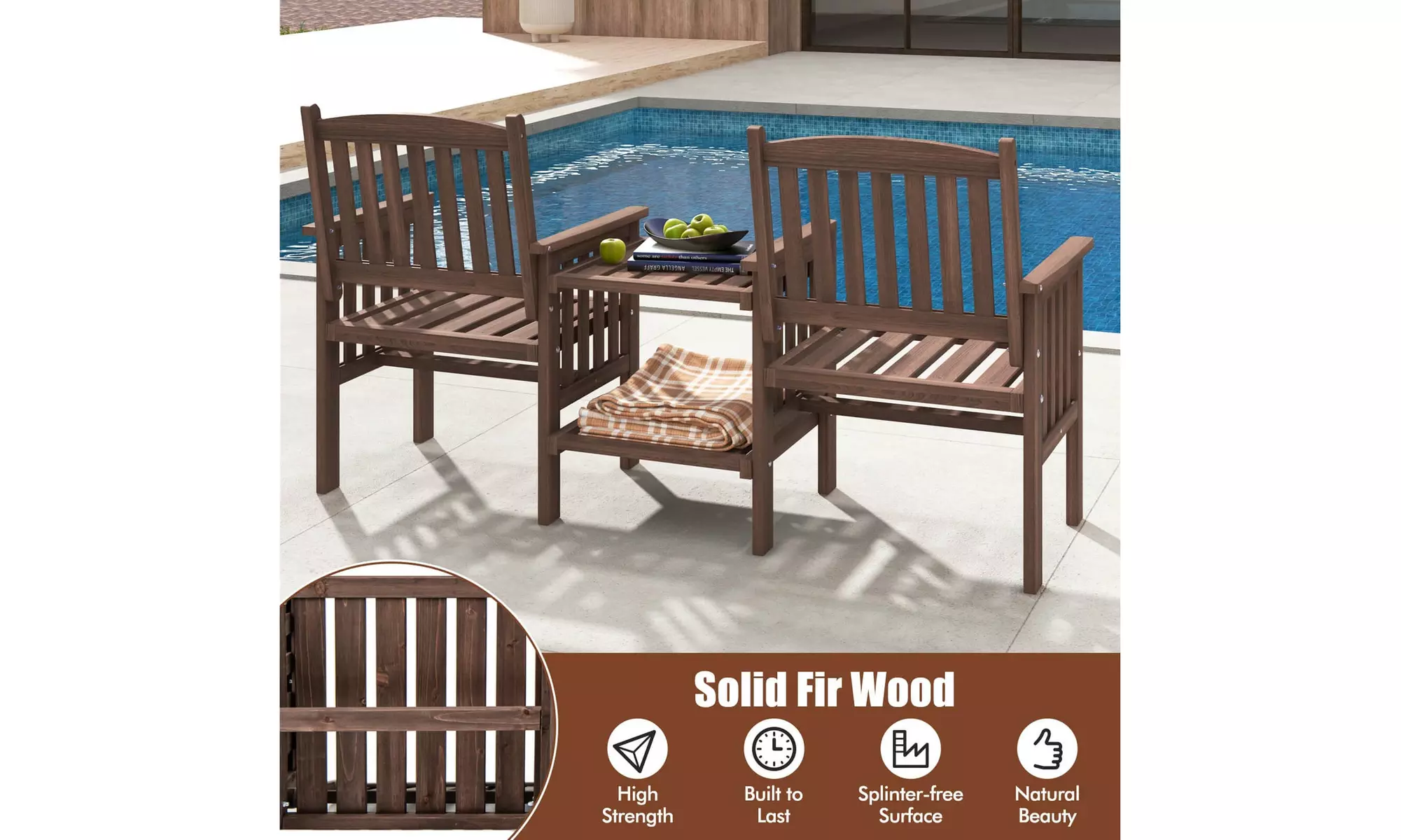 Costway Outdoor Fir Wood Loveseat with 2-Tier Side Table and 1.96" Umbrella Hole