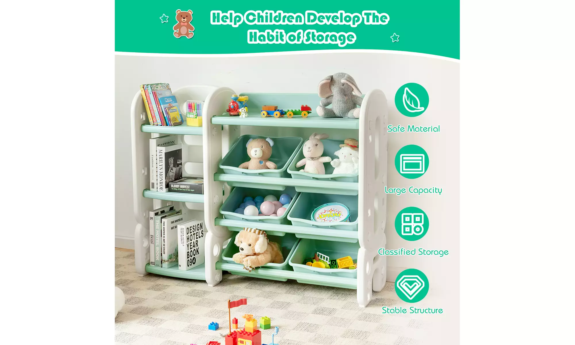 Costway Kids Toy Storage Organizer w/Bins & Multi-Layer Shelf for Playroom