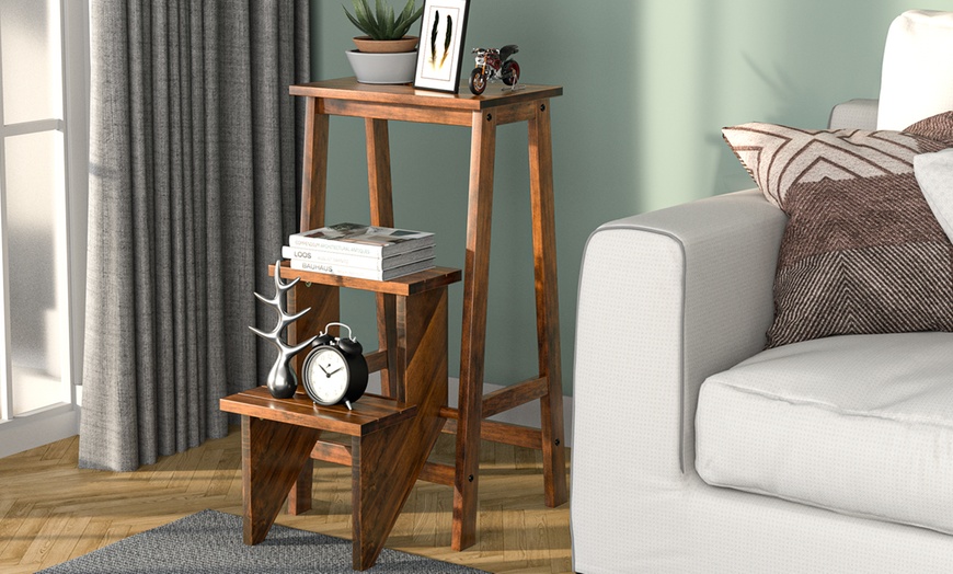 Image 1: Costway Three-Tier Multi-Functional Foldable Wooden Step Stool